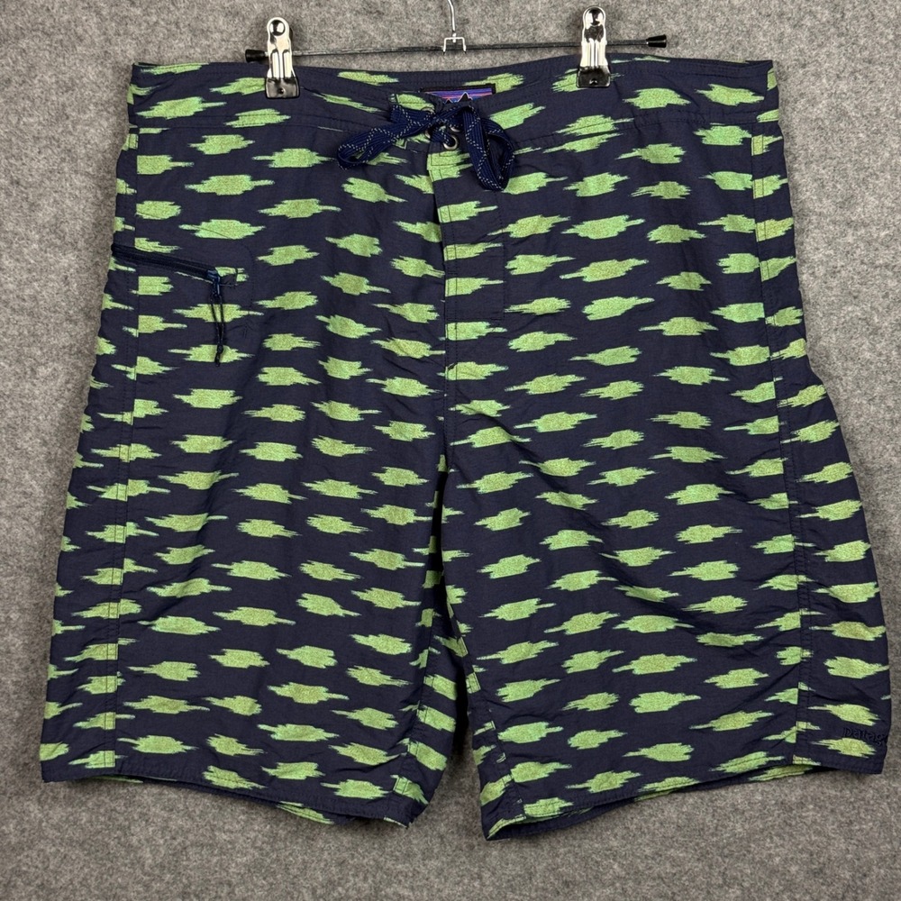 Patagonia Men's Board Shorts Size 36 Navy Green Ikat Pattern Swim Trunks Outdoor